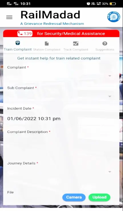 Using the Rail Madad App, register your train complaint online.